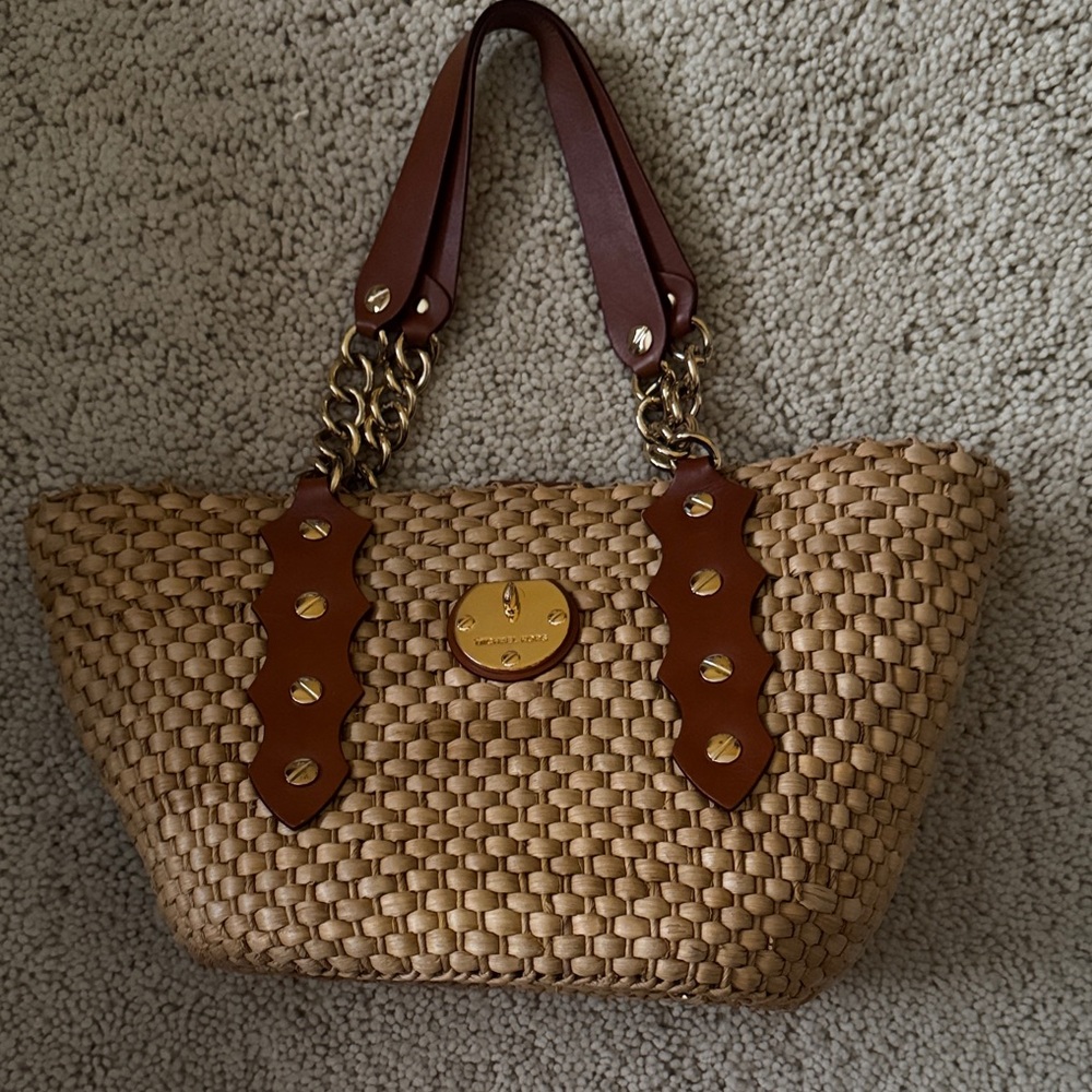 Elegant Tan Woven Tote with Brown Accents